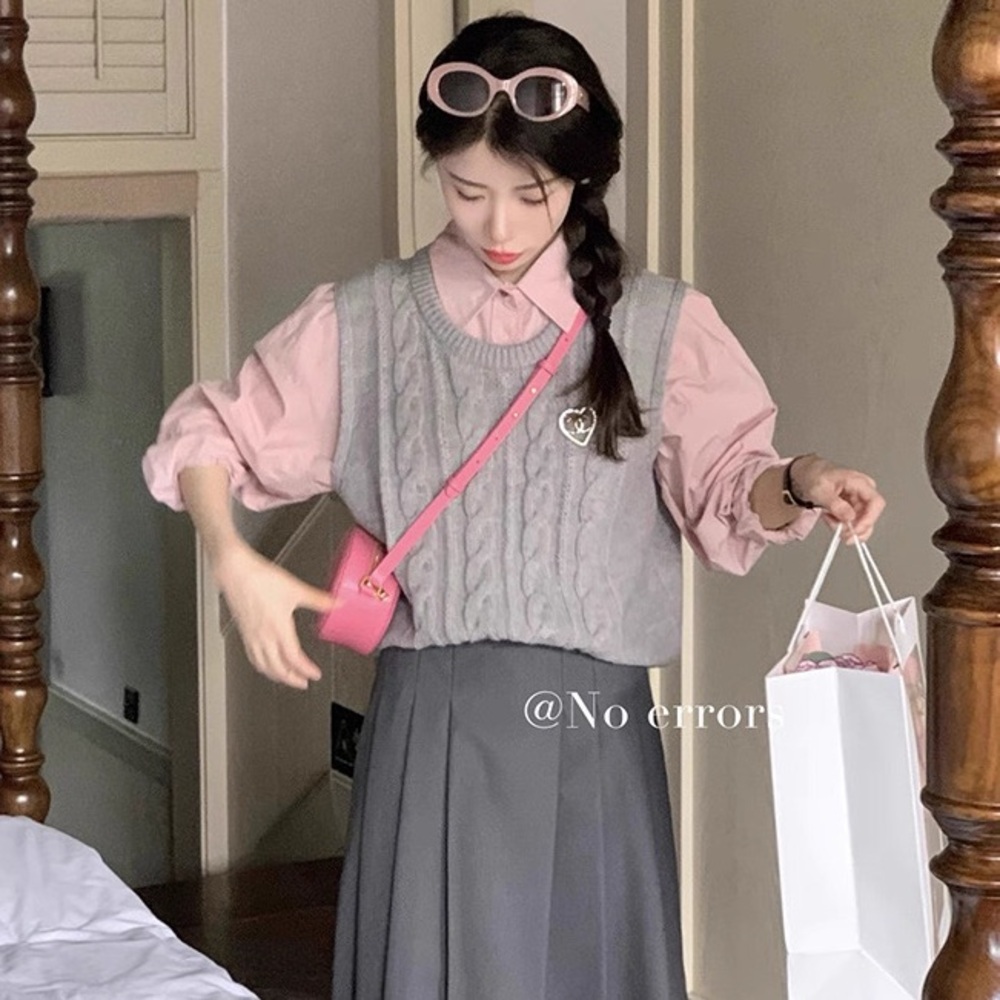 No Errors - Gray knitted vest and pink blouse set